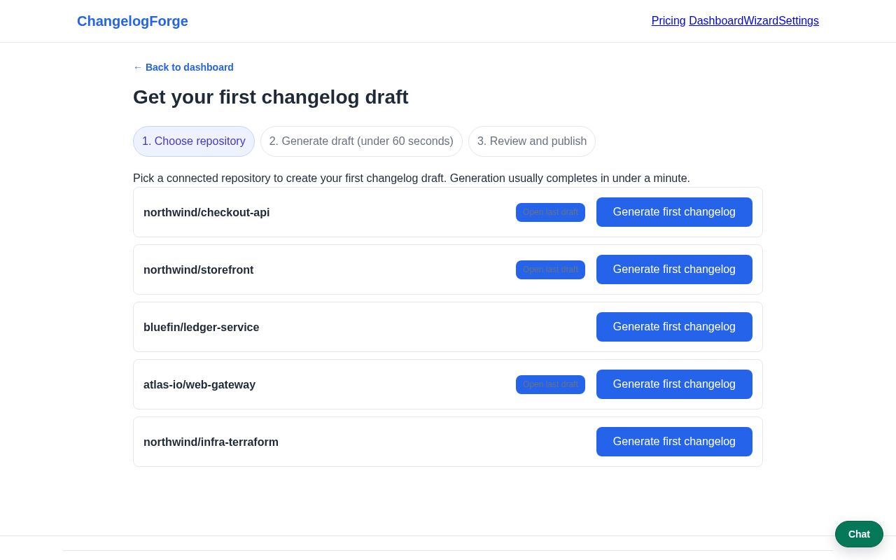 Onboarding wizard listing repositories with a generate changelog action